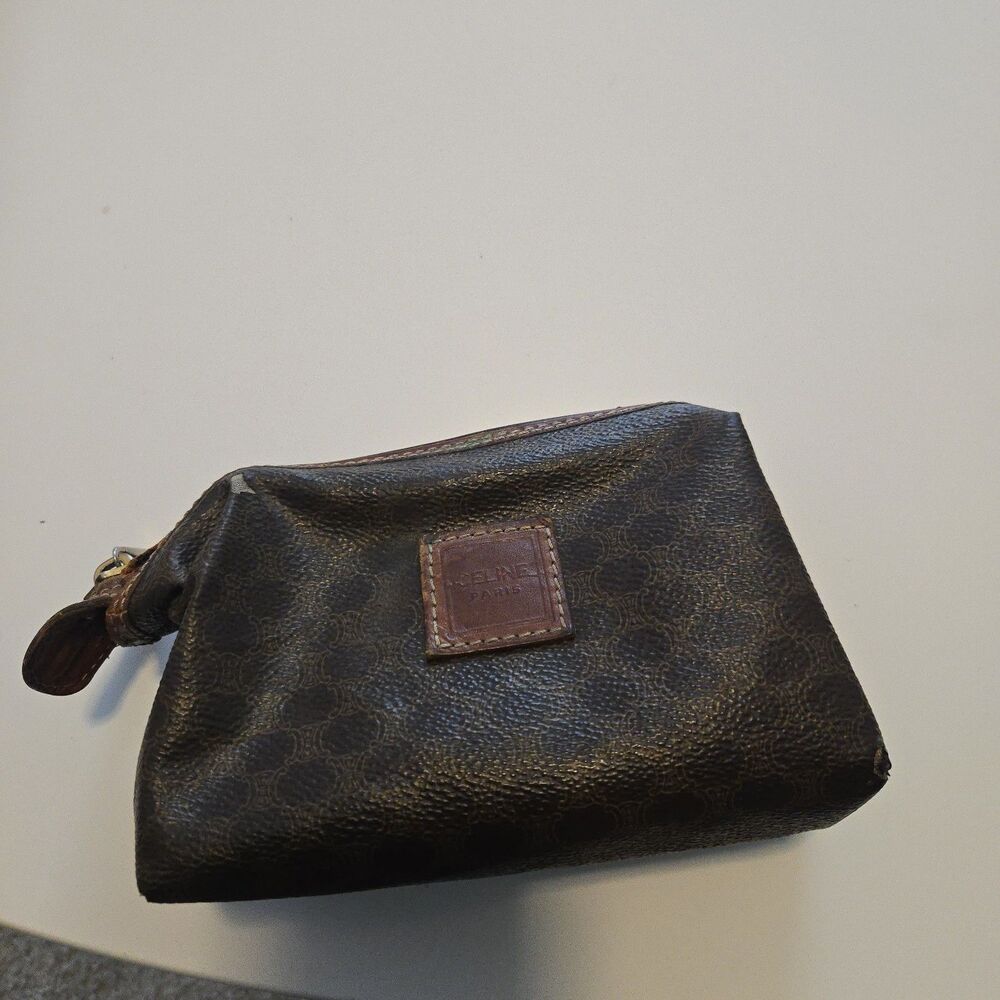 CELINE Old Vintage Pouch PVC Leather Cosmetic Bag Authentic Brown - Picture 1 of 16